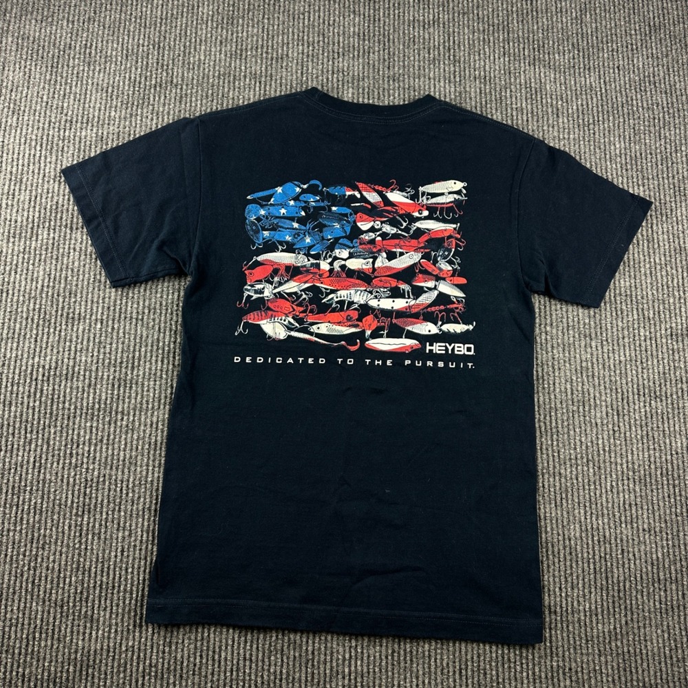 Heybo Outdoors Fishing Lure American Flag T-Shirt Mens Small Navy Blue Graphic
